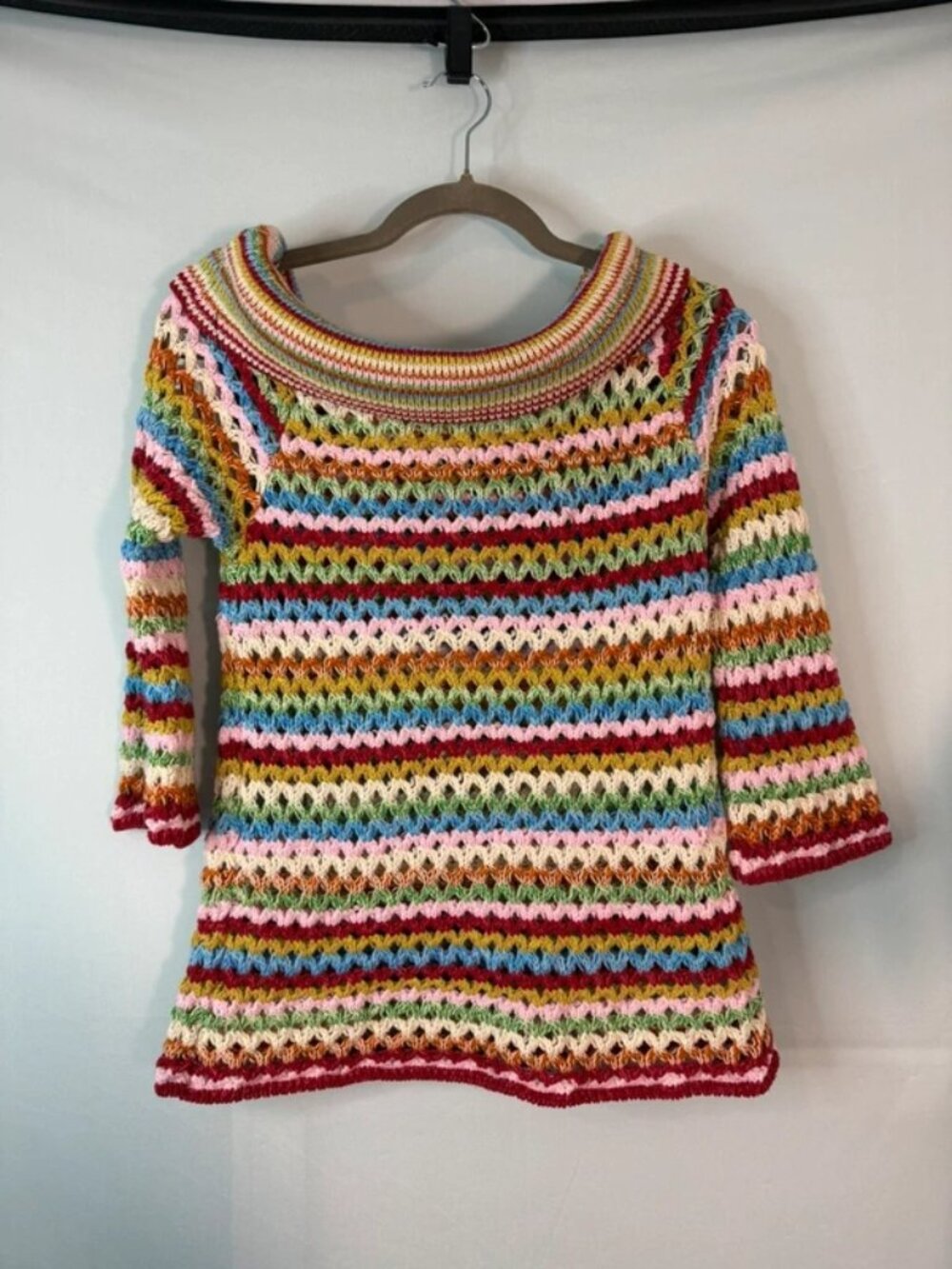 Boston Proper Rainbow Crochet Striped Scoop Neck Bell Sleeve Sweater Small